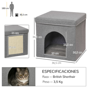 Casa para Gatos Cama para Gatos Casita para Gatos con Tablero de Rascar y Puerta para Interior 36,5x36,5x36,5 cm Gris