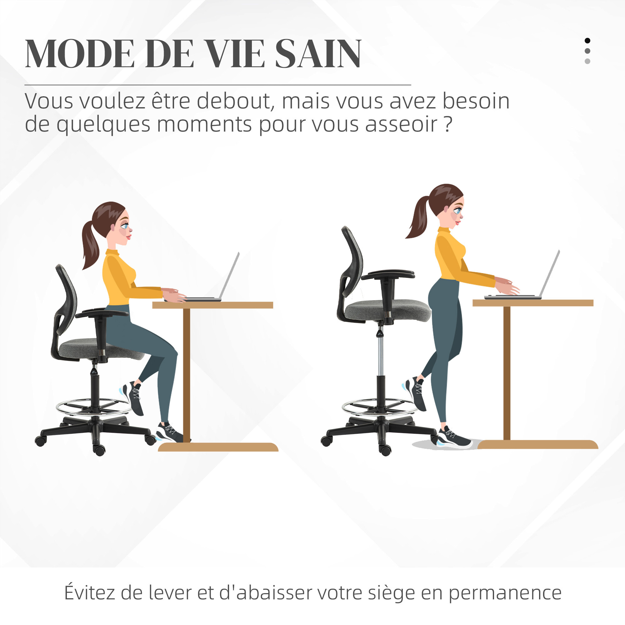 Chaise de bureau assise haute réglable accoudoirs réglables pivotante 360° tissu gris chiné