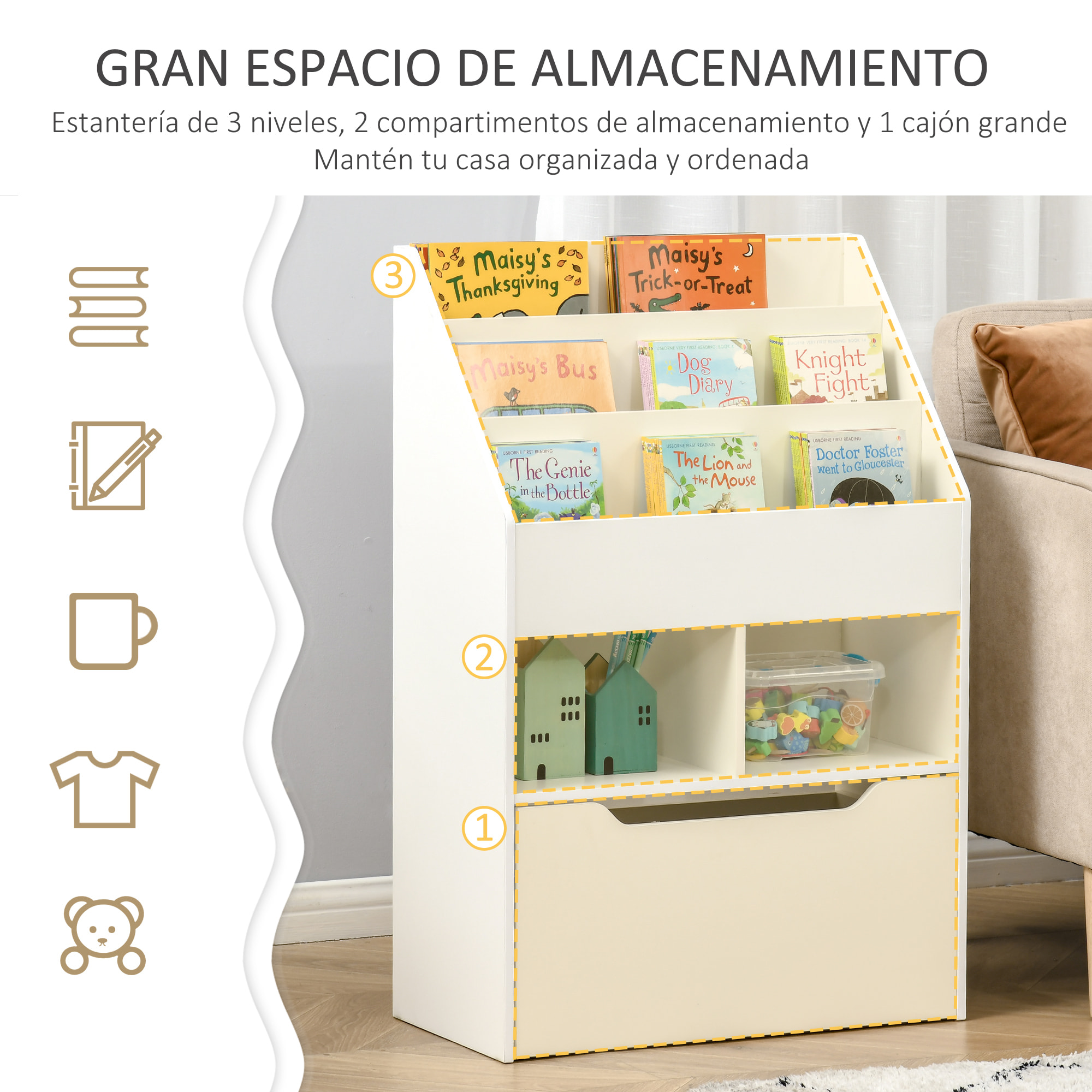 Estantería Infantil de Madera con 3 Compartimentos 2 Cubos y Cajón Móvil con 4 Ruedas Librería Infantil para Habitación de Niños Sala de Juegos 60x29,9x90 cm Blanco