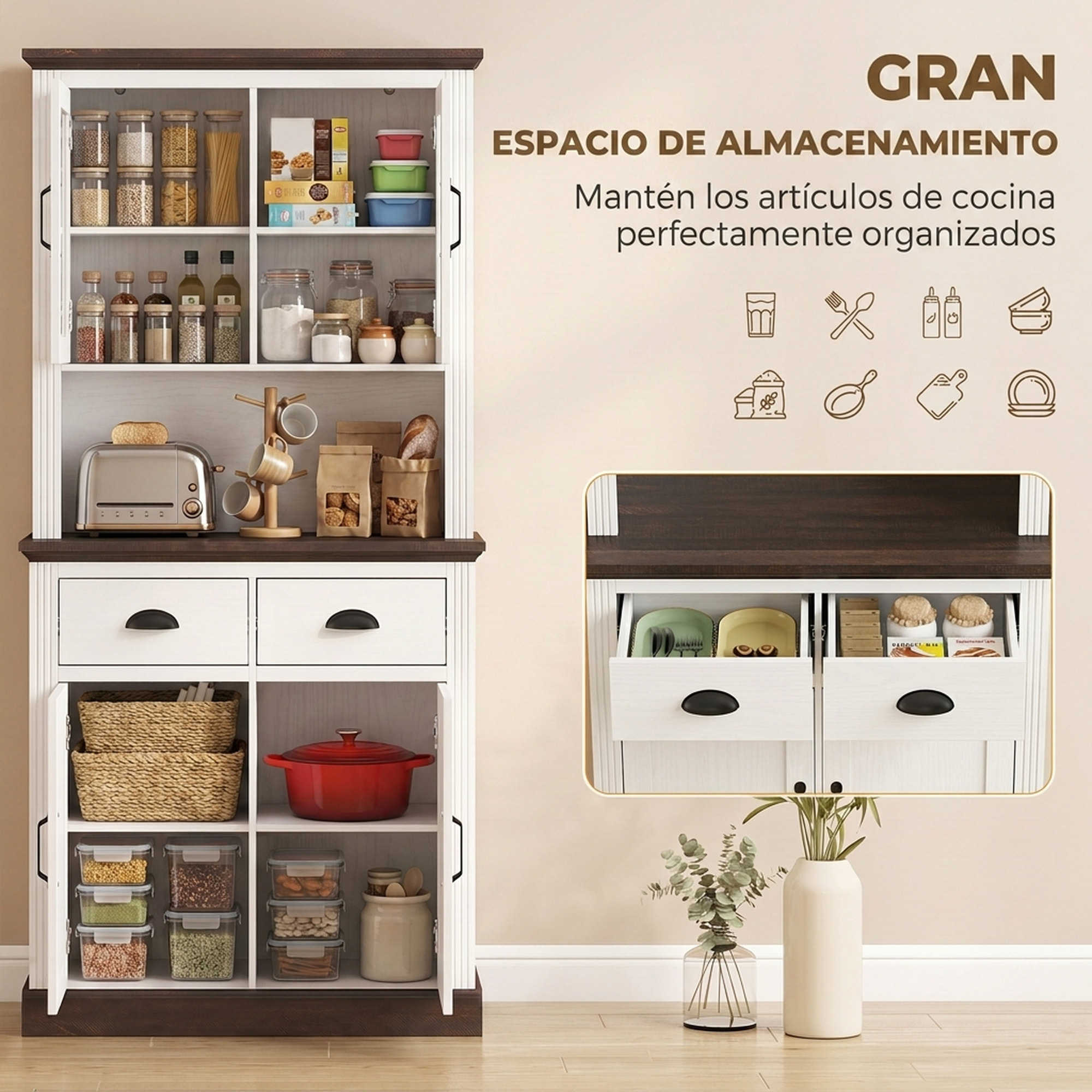 Alacena de Cocina Alta, Mueble Auxiliar de Cocina con Puertas de Cristal, 2 Cajones, Estantes Ajustables, Compartimento Abierto, para Comedor, Salón, 80x38x170 cm, Blanco y Marrón