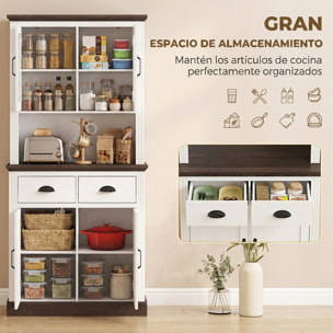 Alacena de Cocina Alta, Mueble Auxiliar de Cocina con Puertas de Cristal, 2 Cajones, Estantes Ajustables, Compartimento Abierto, para Comedor, Salón, 80x38x170 cm, Blanco y Marrón