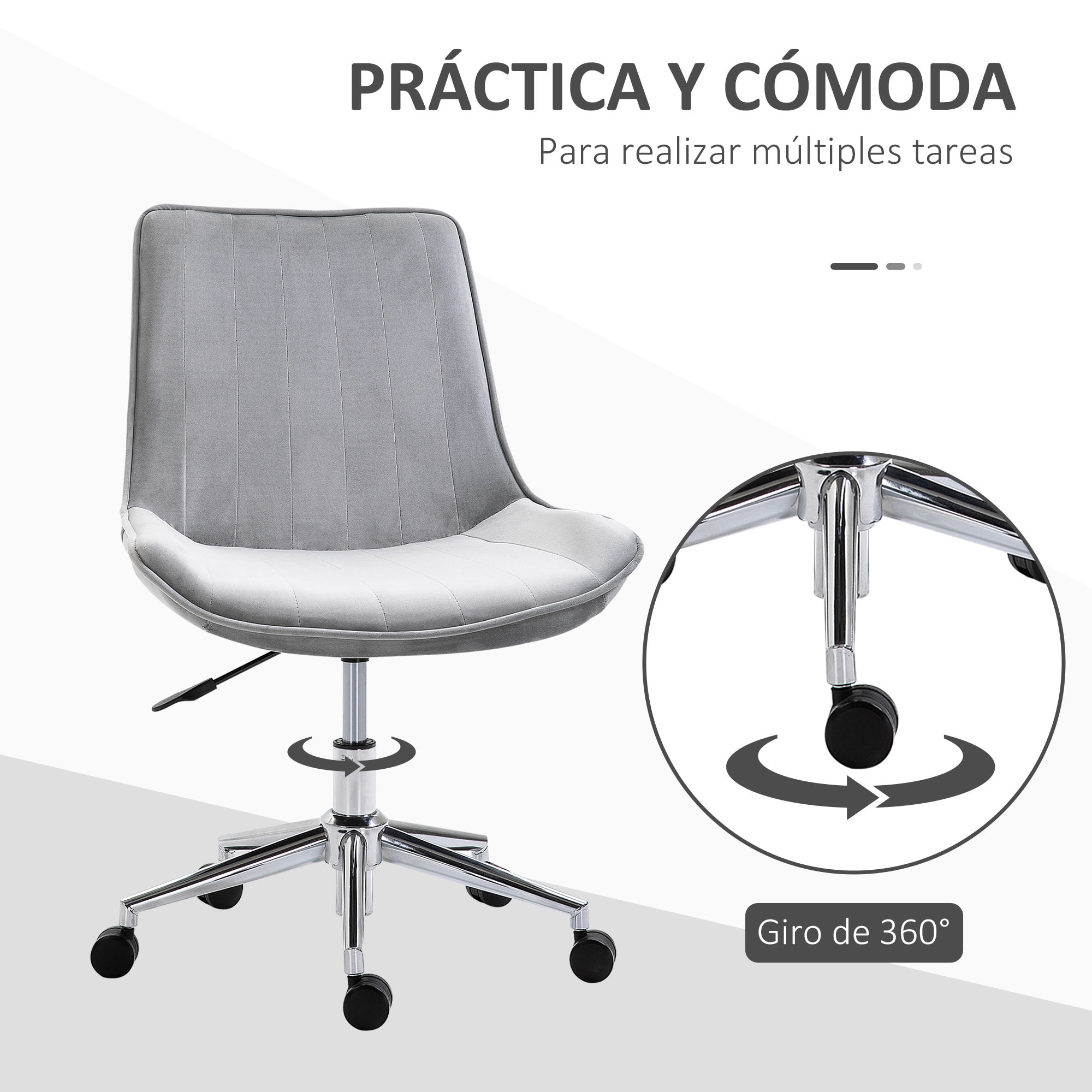 HOMCOM Silla de Oficina Giratoria Silla de Escritorio Ergonómica con Altura Ajustable Respaldo Tapizado en Terciopelo Suave y Ruedas Carga 120 kg 52,5x60x82-91 cm Gris