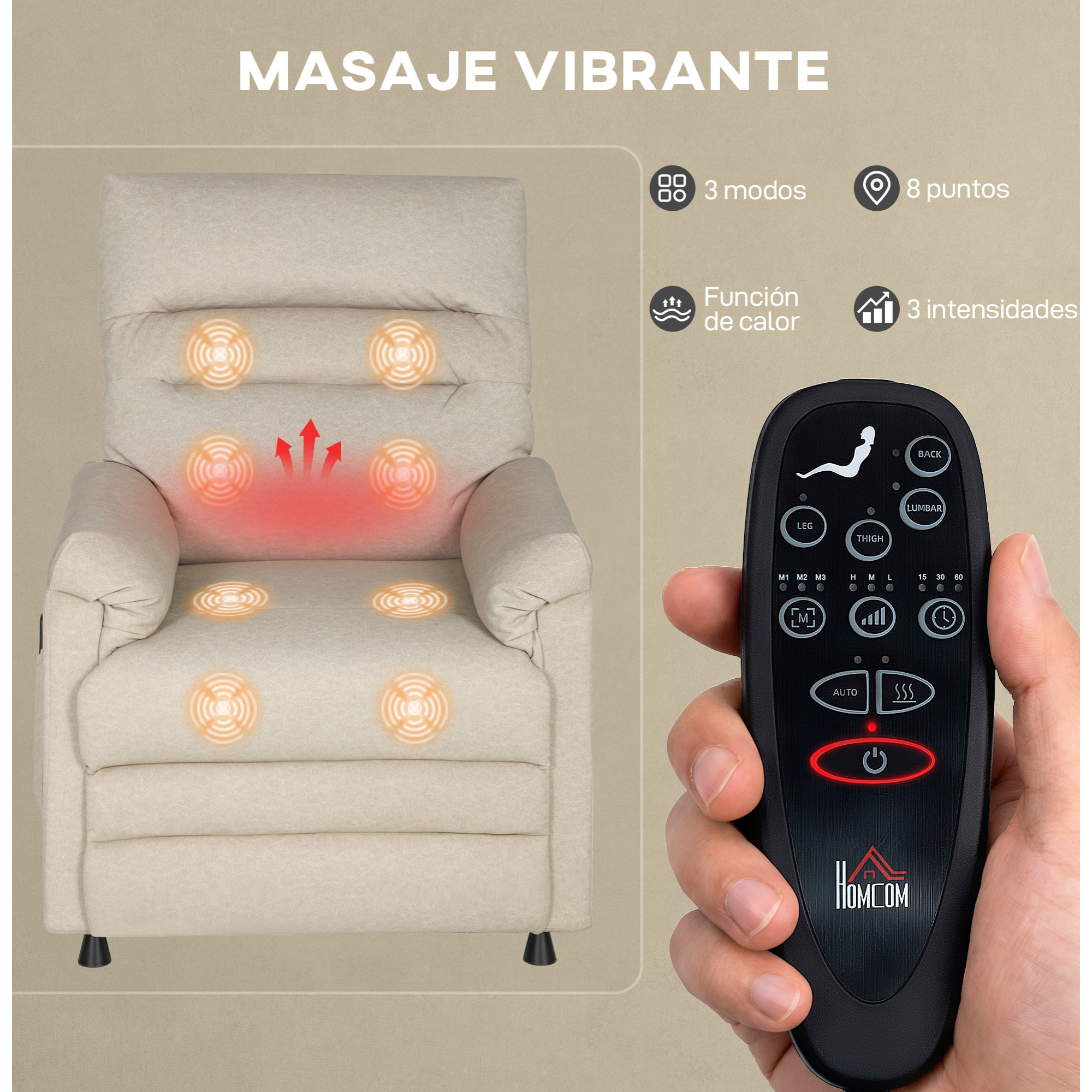 Sillón Relax Reclinable Eléctrico, con Calor Lumbar y Masaje Vibración, Sillón Masaje Relax, Motor Silencioso, Función de Memoria, Bolsillos, Control Remoto con USB, Tejido Pet-friendly, Beige