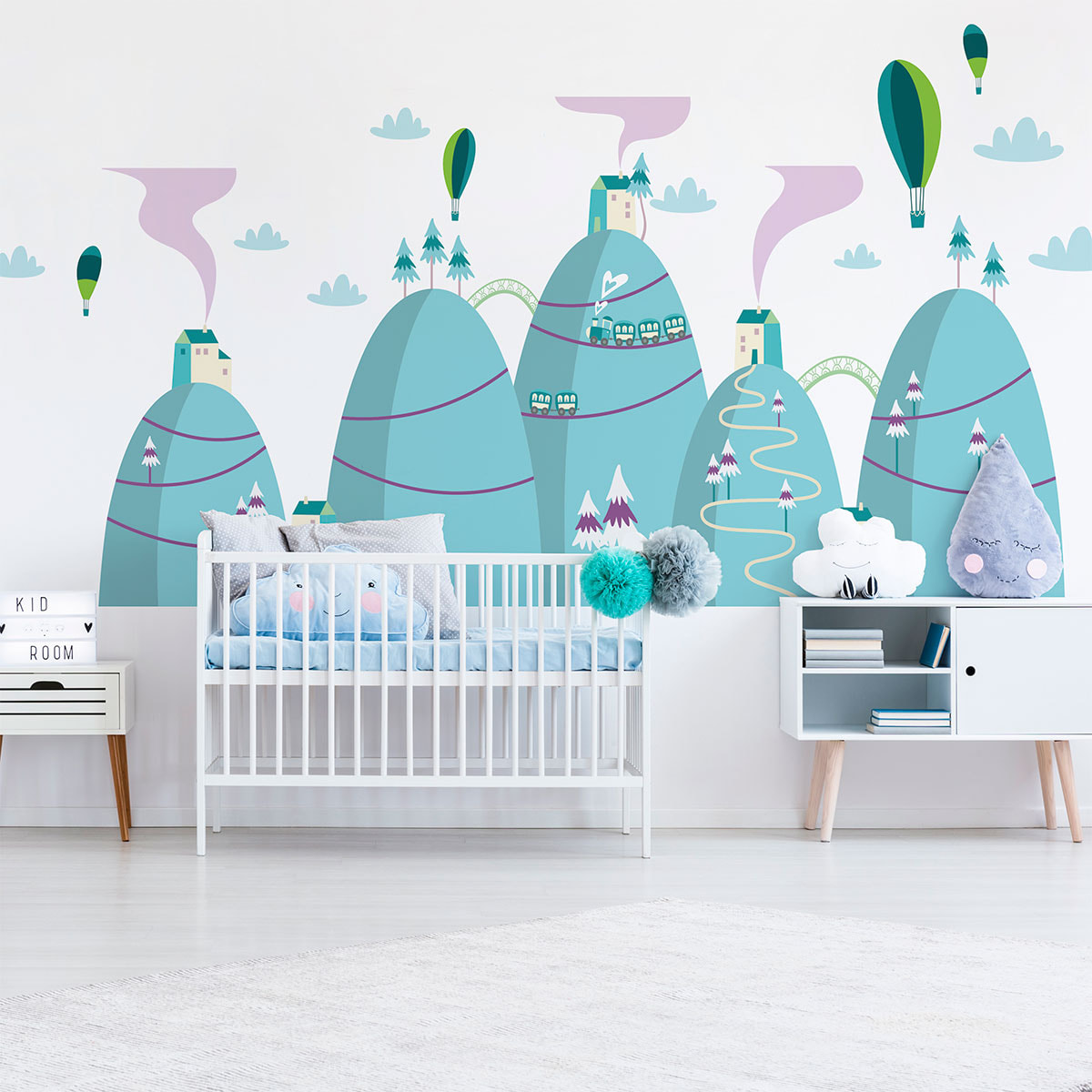 Stickers muraux enfants - Décoration chambre bébé - Autocollant Sticker mural géant enfant montagnes scandinaves LÂCHER DE MONTGOLFIÈRES