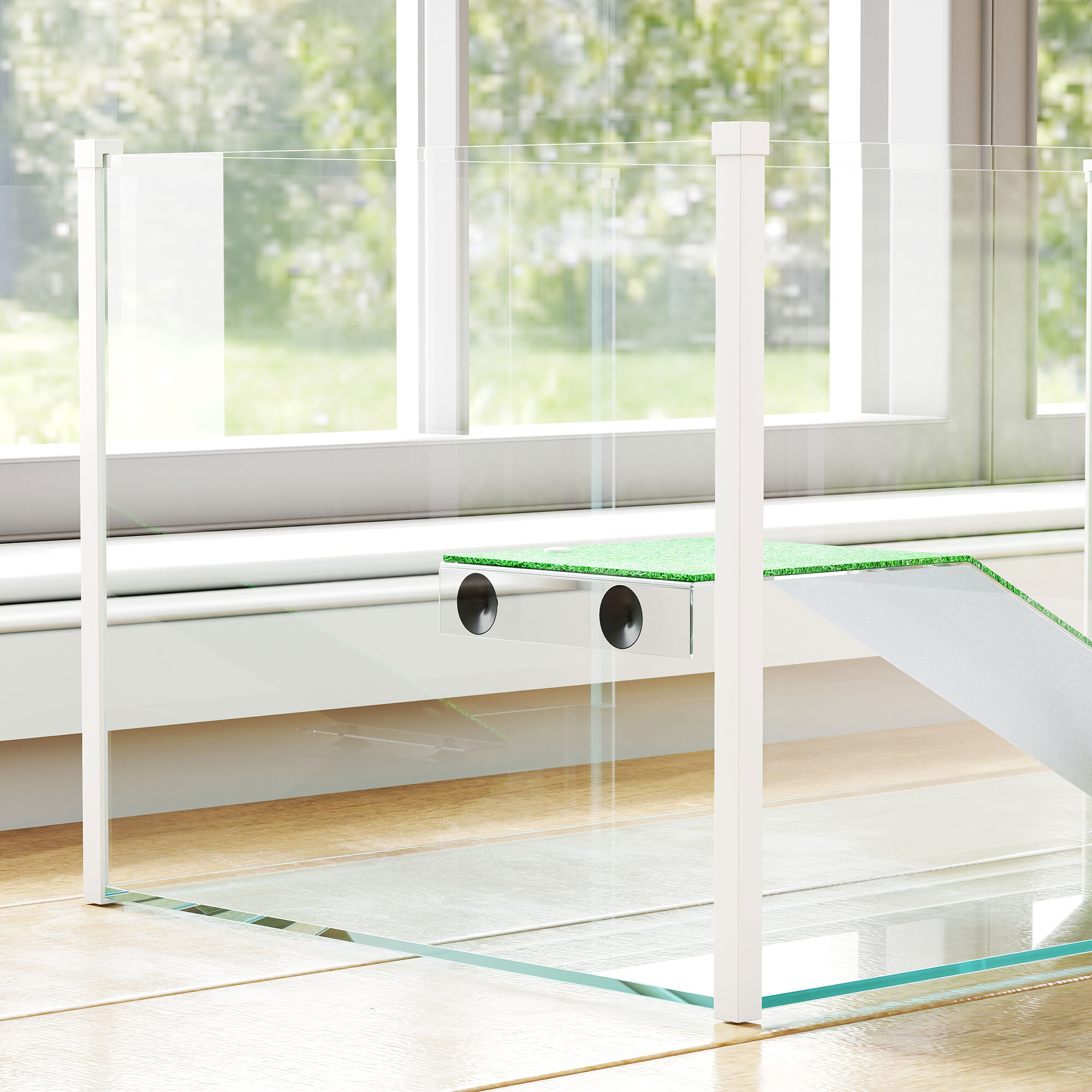 Acuario para Tortugas, Terrario de Tortugas con Plataforma y Rampa con Superficie de Césped Artificial, Vista Panorámica 360°, para Peces Pequeños, Camarones, 60x35x28 cm, Blanco