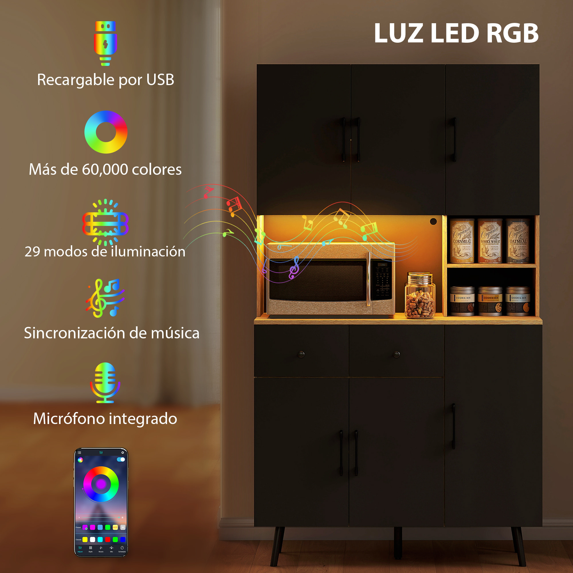 Alacena de Cocina Alta con Luces LED RGB Mueble Auxiliar de Cocina con 6 Puertas 2 Cajones Encimera y Orificio para Cables Estilo Moderno Negro y Roble 100x40x176 cm