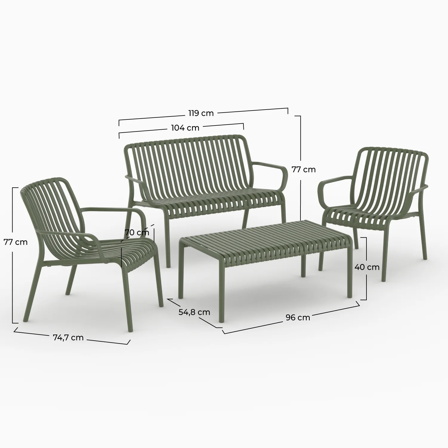 Salon de jardin 4 places en plastique vert kaki  - Ivy