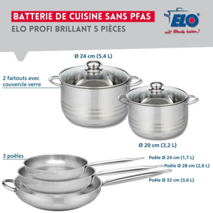 Ensemble de 3 Poêles de cuisson 24, 28 et 32 cm et 2 faitouts 20 et 24 cm Elo Profi Brillant