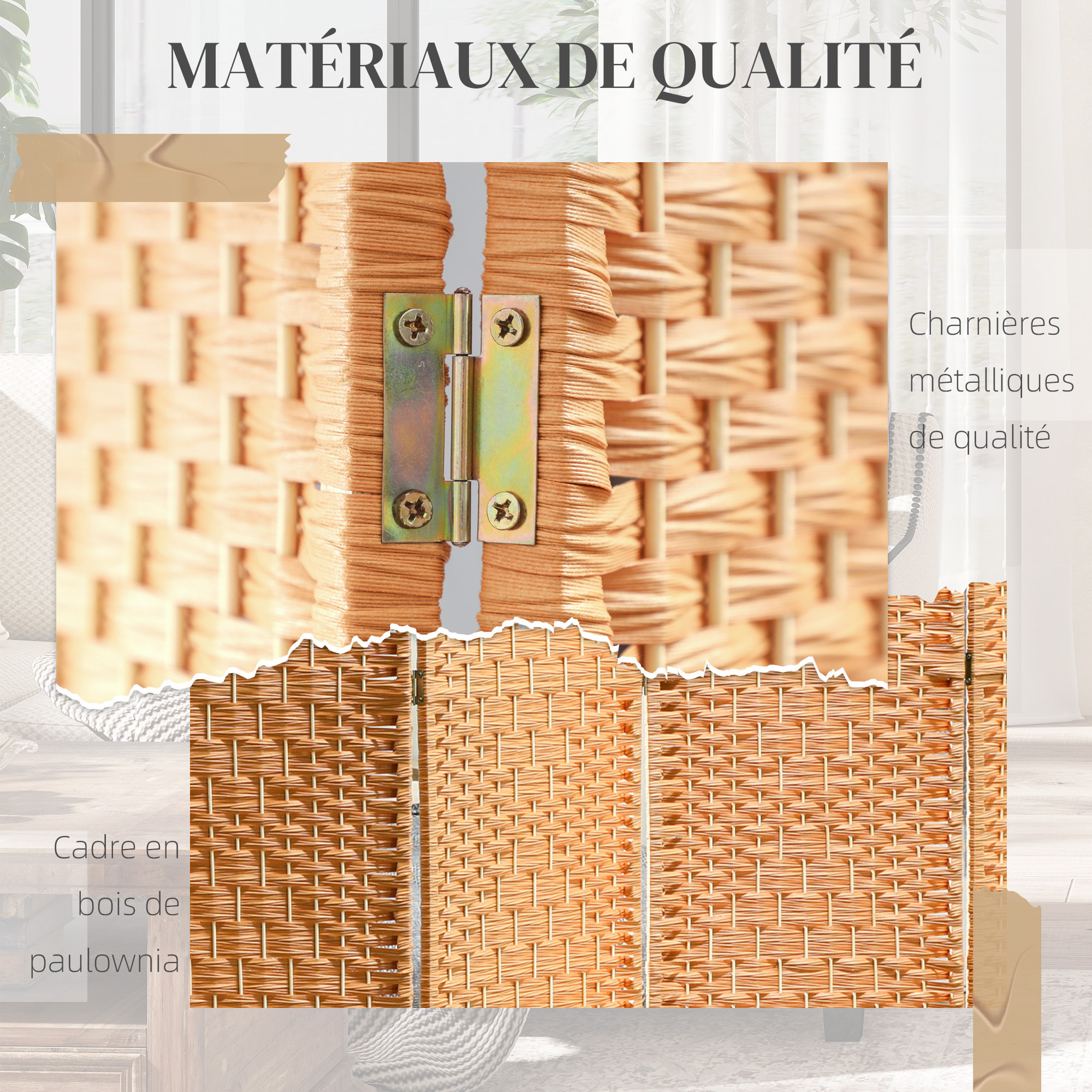 Paravent intérieur 3 panneaux pliables en bois séparateur de pièce style bohème tissé orangé