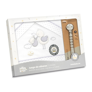 Triptico Cuna Cigueña Oso + Broche Bco/Gris