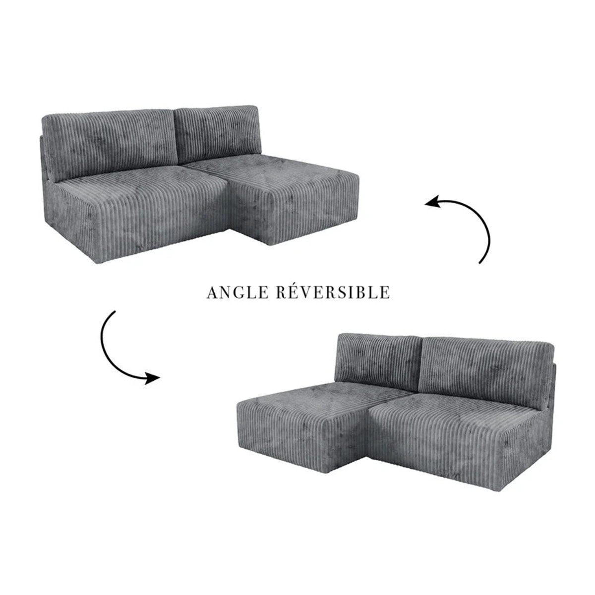 ELIOR - Canapé d'angle convertible et modulable 4 places en côtelé gris