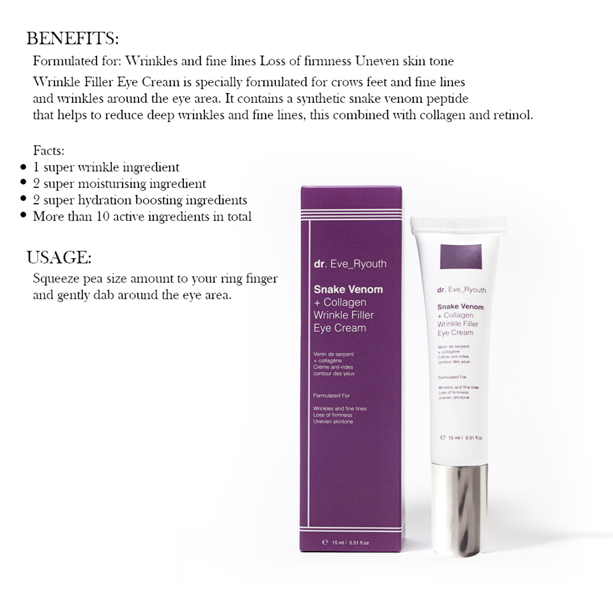 Crema para ojos con veneno de serpiente y colágeno para rellenar arrugas