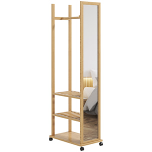 Miroir sur pied avec roulettes - portant, 3 étagères - dim. 59L x 35P x 170H cm - bois de jabon verni