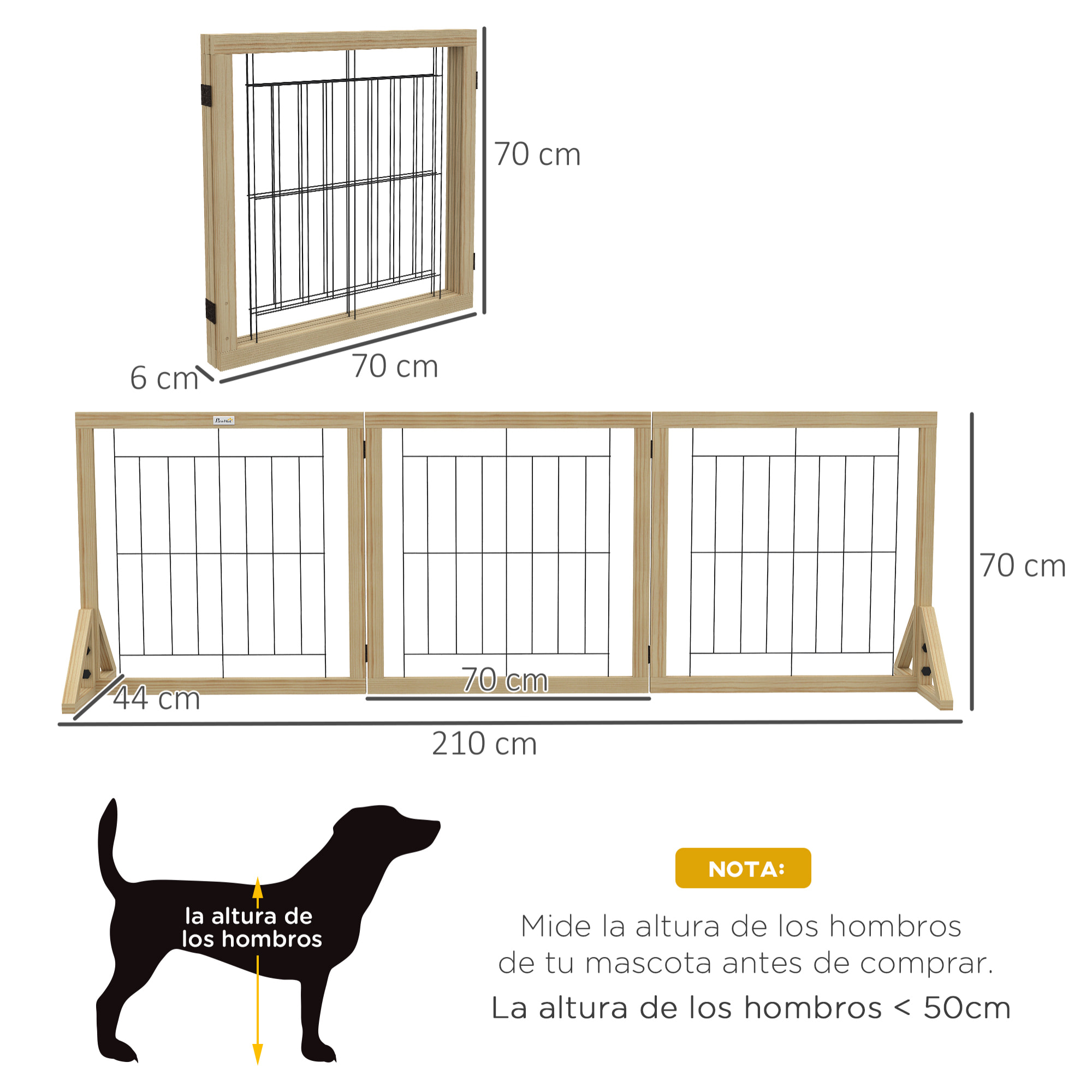 Barrera para Perros de Madera Valla para Mascotas Plegable de 3 Paneles con Plegado Bidireccional y Patas de Apoyo Triangulares para Puerta Pasillo Escalera 210x44x70 cm Madera Natural