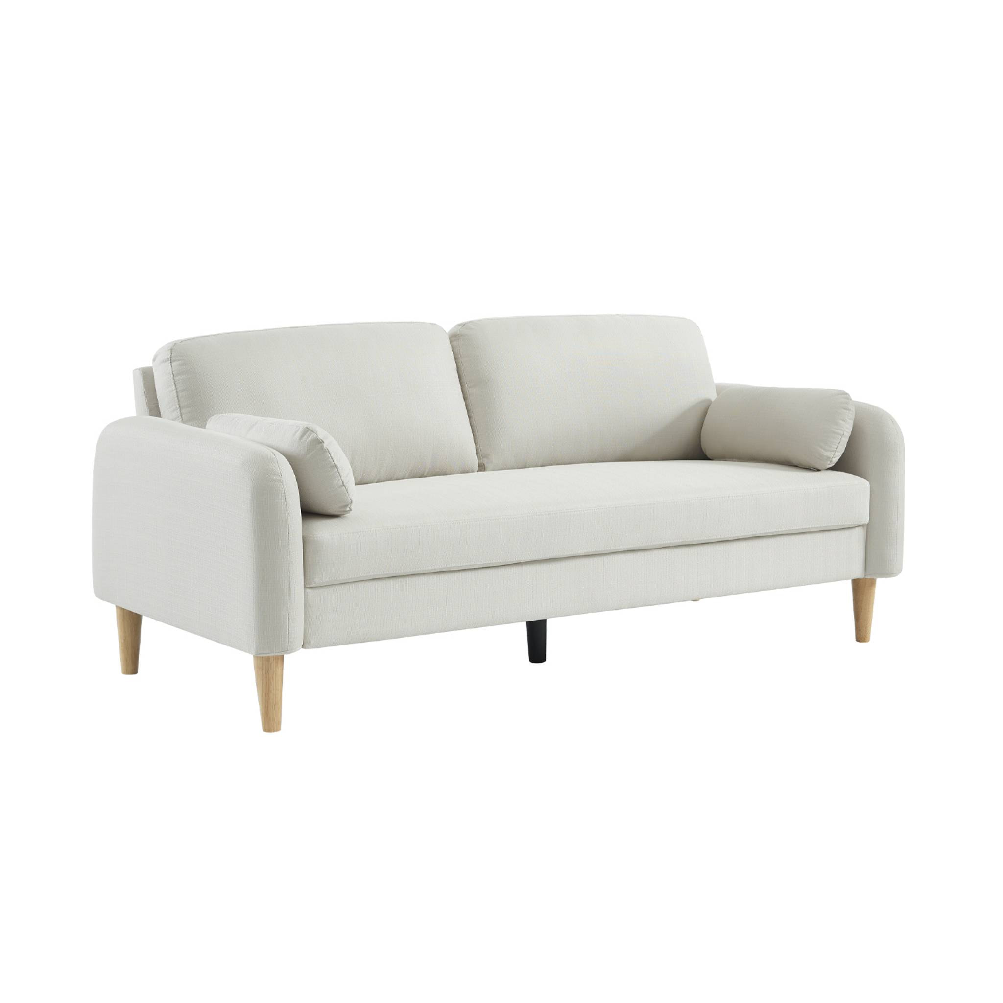 Canapé 3 places scandinave arrondi tissu blanc pieds bois d'hévéa