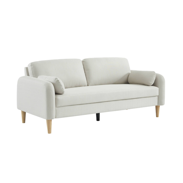 Canapé 3 places scandinave arrondi tissu blanc pieds bois d'hévéa