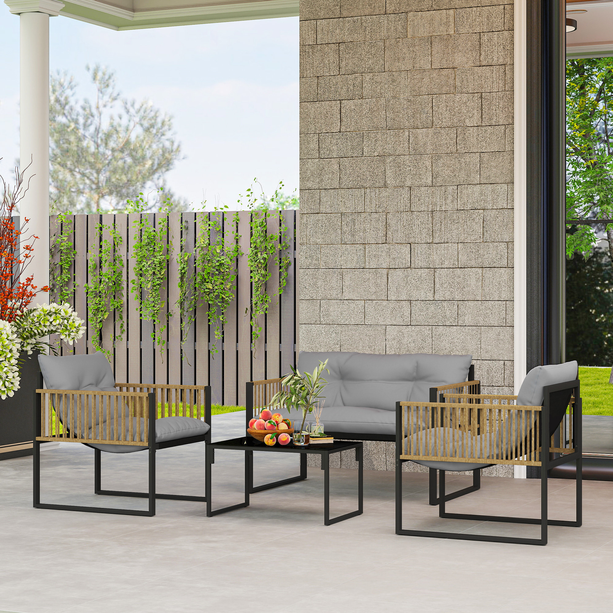 Conjunto de Jardín Exterior de Ratán Sintético de 4 Piezas Muebles de Jardín Exterior Incluye Sofá de 2 Plazas 2 Sillones 1 Mesa de Centro de Vidrio con Cojines Gris y Natural