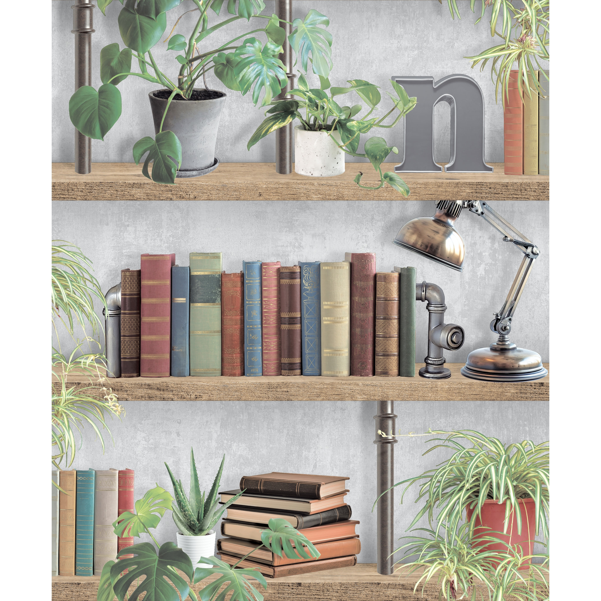 Papier peint bibliothèque livres plantes style loft