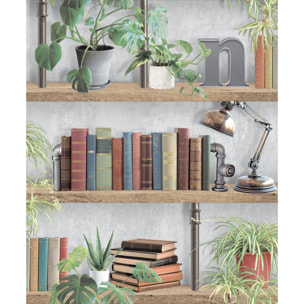 Papier peint bibliothèque livres plantes style loft
