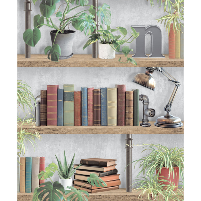 Papier peint bibliothèque livres plantes style loft