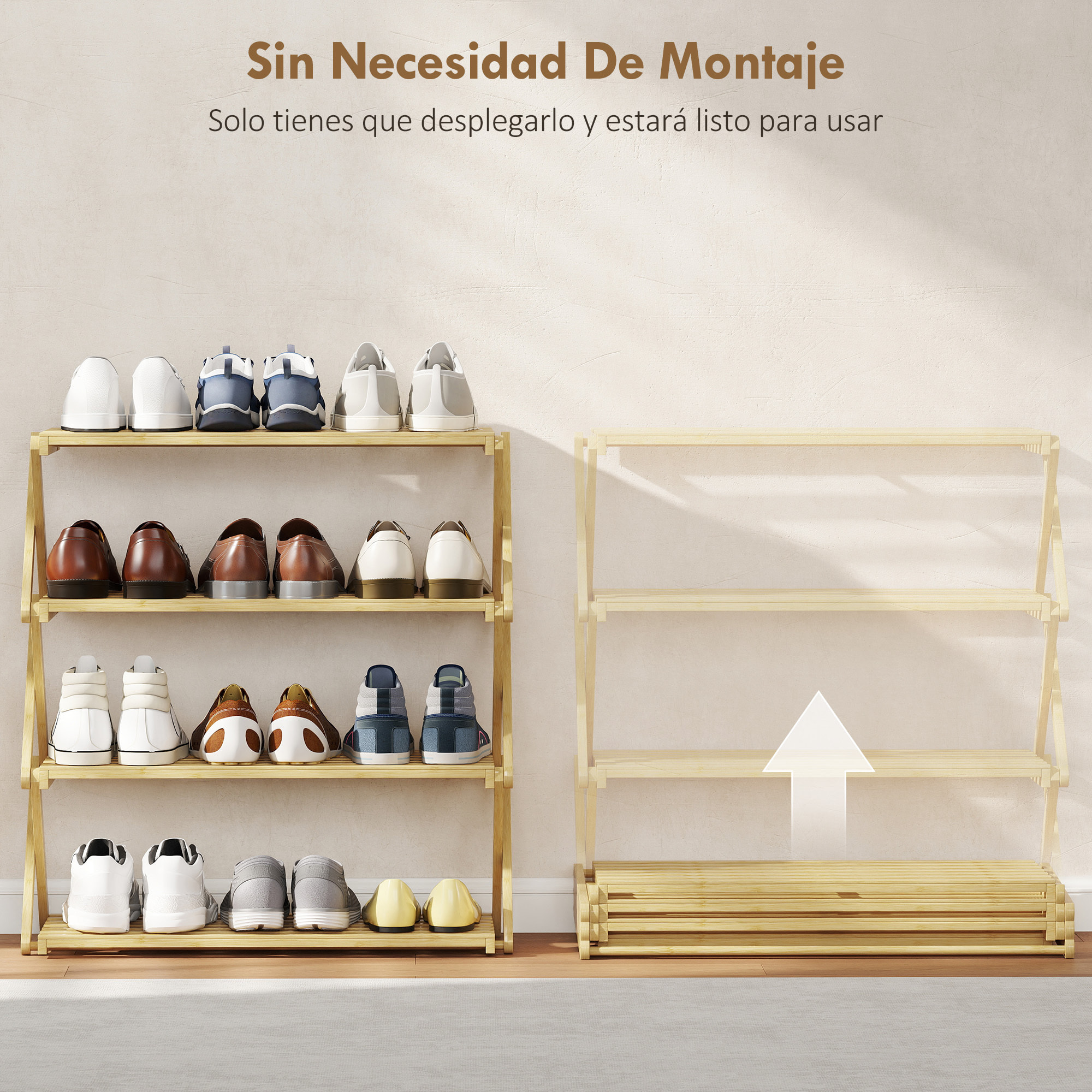 Zapatero Estrecho de Bambú, Zapatero Vertical Plegable de 4 Niveles, Sin Instalación, Estantería para Zapatos para Entrada, Pasillo, Dormitorio, Natural