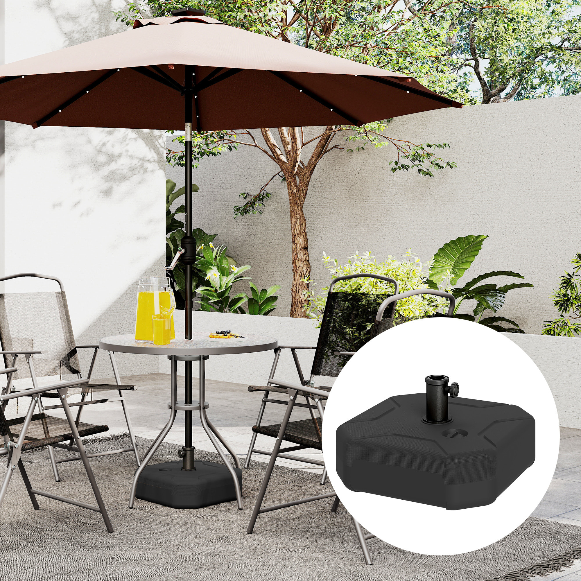 Base para Sombrilla Cuadrada, Soporte de Parasol de HDPE, Pie para Sombrilla con Postes Ø38 mm, Ø48 mm, Rellenable de Arena 25 kg o Agua 20 kg, para Jardín, Patio, Terraza, Negro