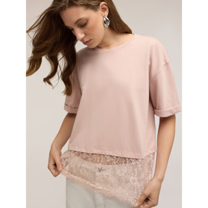 Motivi - T-shirt con inserto in pizzo - Rosa