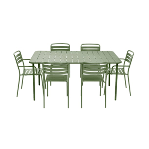 Table de jardin métal + 2 fauteuils et 4 chaises. vert. acier traitement anti rouille