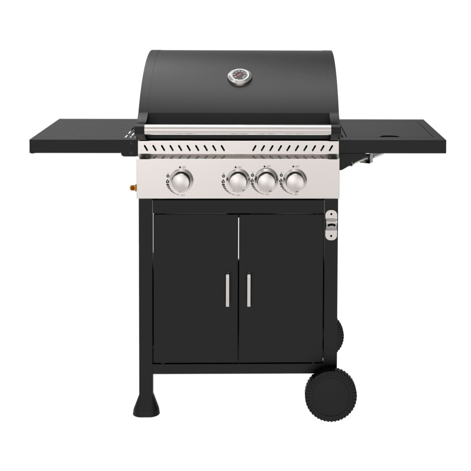 Barbecue a gas da esterno con potenza di 11,5 kW, compatibile con butano e propano, 3 bruciatori principali più 1 laterale.