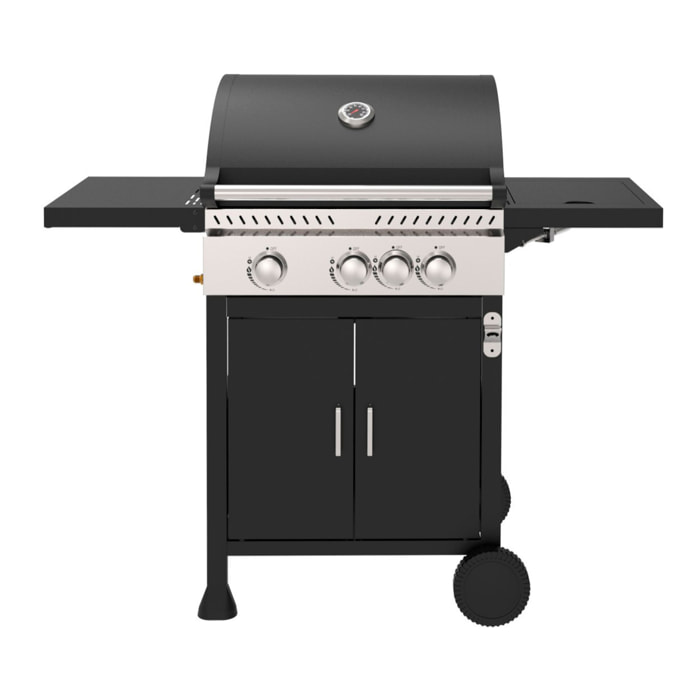 Barbecue a gas da esterno con potenza di 11,5 kW, compatibile con butano e propano, 3 bruciatori principali più 1 laterale.