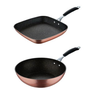 set de sartén grill 28x28cm + wok ø28cm en aluminio forjado con revestimiento ilag essential