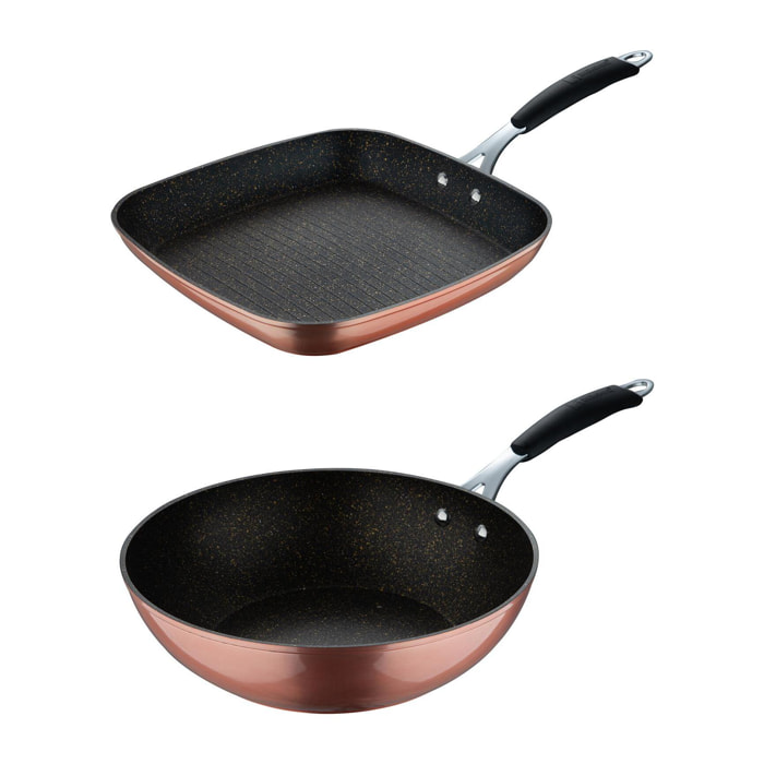 set de sartén grill 28x28cm + wok ø28cm en aluminio forjado con revestimiento ilag essential