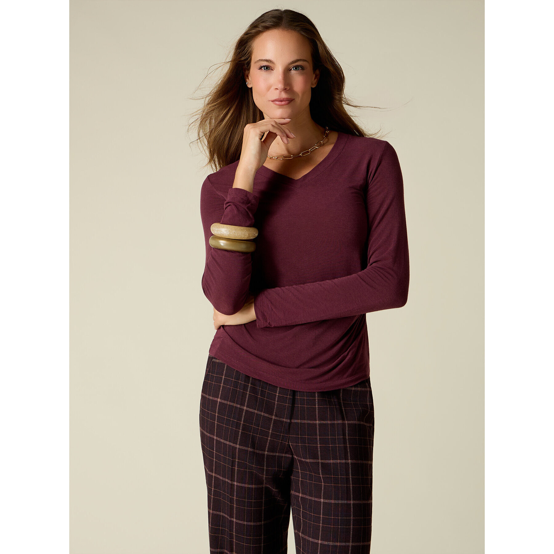 Oltre - T-shirt scollo a V misto cashmere - Bordeaux