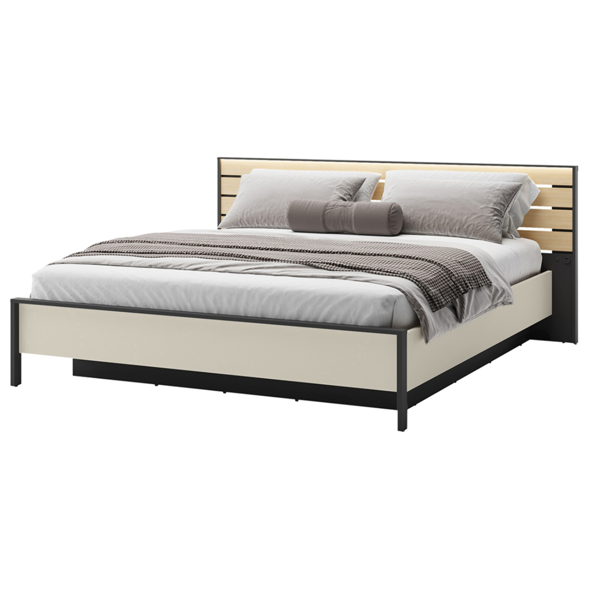 Kimi - lit coffre - 180x200 cm - sommier et port USB inclus - Beige / Noir