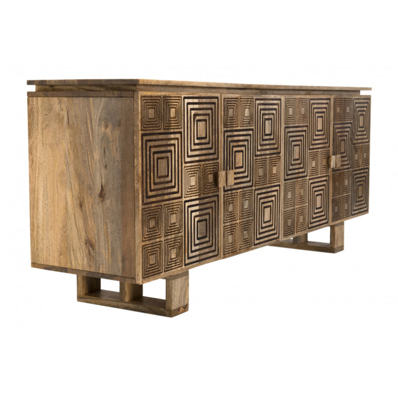 IRENE - Buffet bois Manguier 177x45cm 4 portes 2 étagères motifs noirs Goa