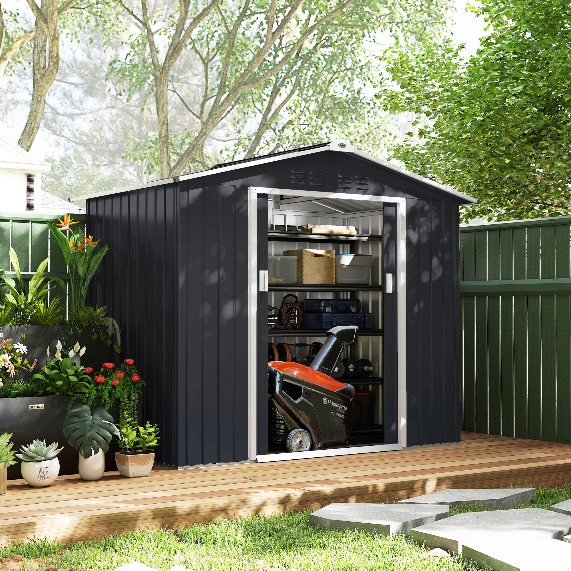 Abri de jardin - cabanon porte verrouillable - 213 x 130 x 185 cm - tôle d'acier anthracite