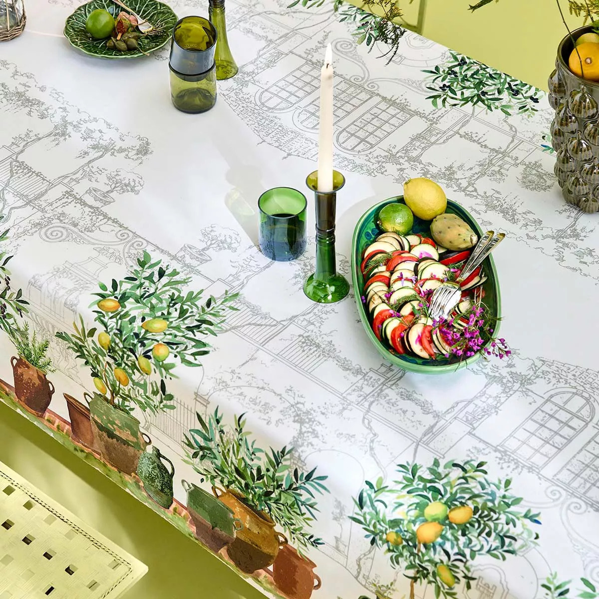 Nappe lin & coton lavé 190 g/m² imprimé vert marron Jardin provencal olive