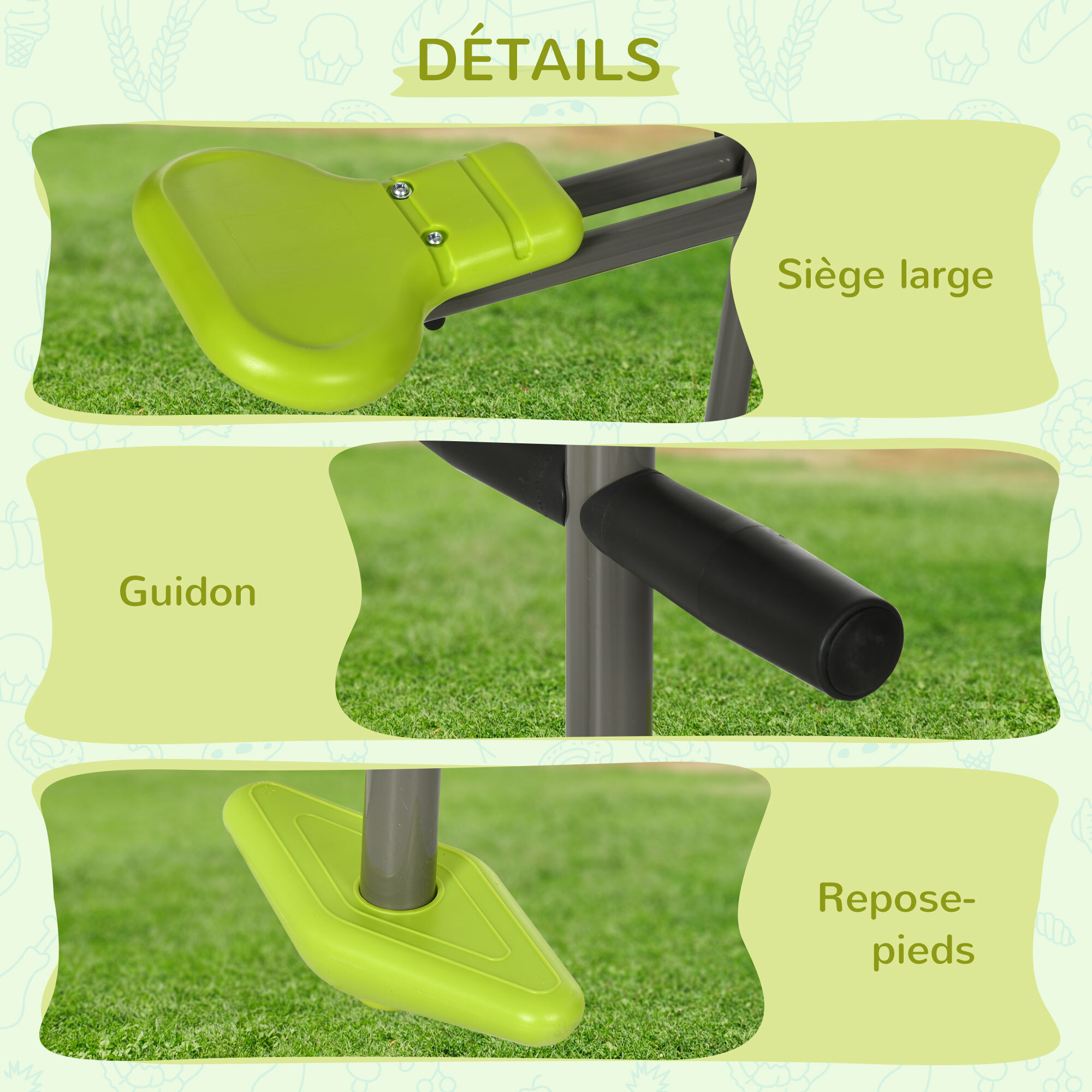 Balançoire agrès face à face enfant 3 à 6 ans - selles larges, guidon, repose-pied - gris vert