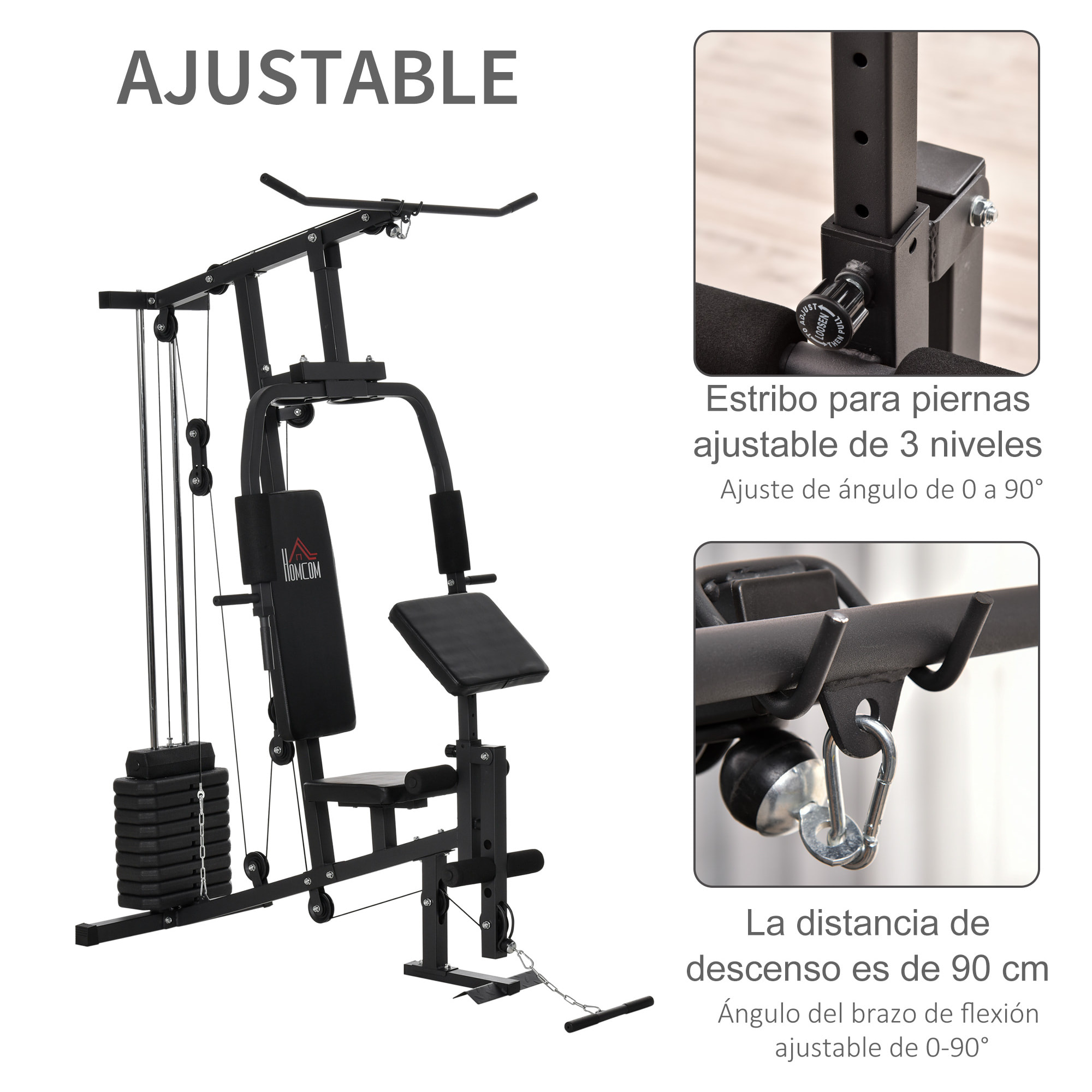 Multiestación Máquina de Musculación con Estribo para Piernas Poleas y Placas de Peso de 45 kg para Entrenamiento Fitness en Hogar Gimnasio 148x108x207 cm Negro