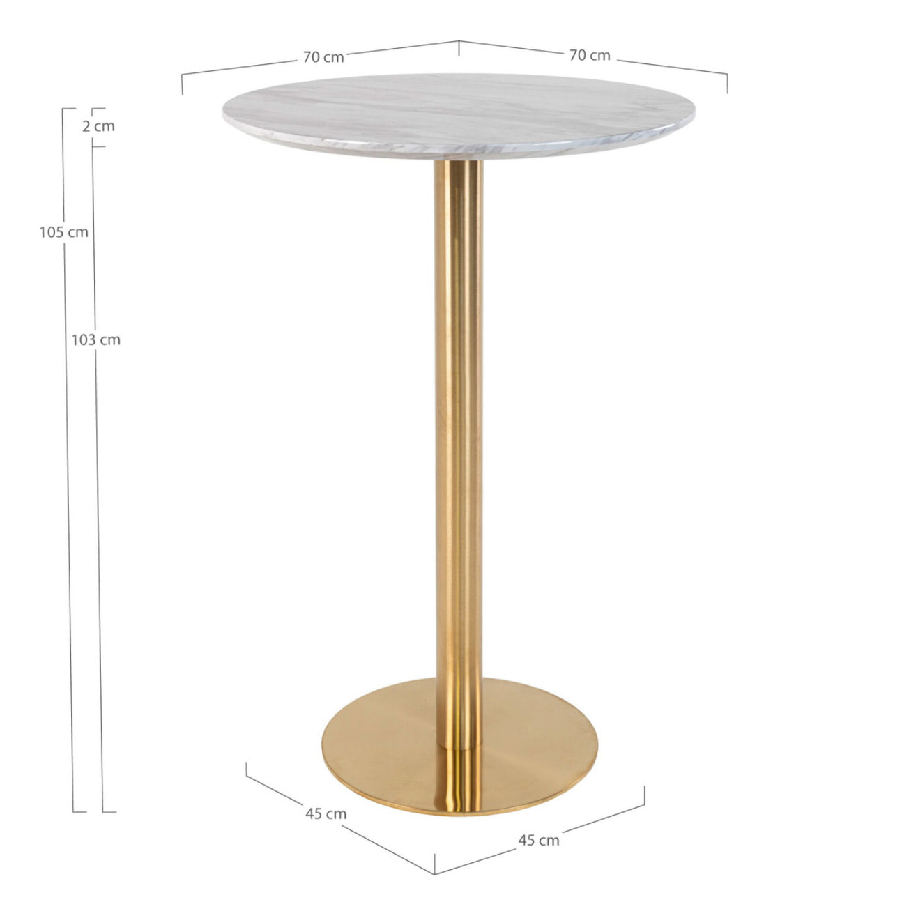 Tavolo bar Bolzano con piano effetto marmo e base ottone, ø70×105 cm