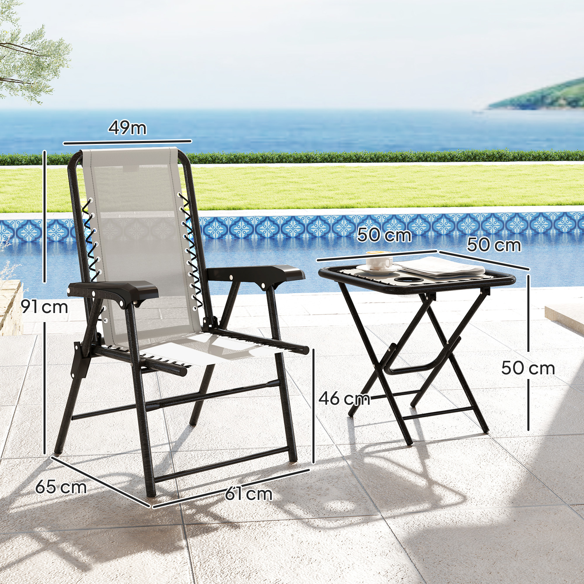 Conjunto de Mesa y Sillas de Terraza Exterior de 3 Piezas Muebles de Jardín Exterior Plegables con Estructura de Acero y Portavasos para Patio Crema