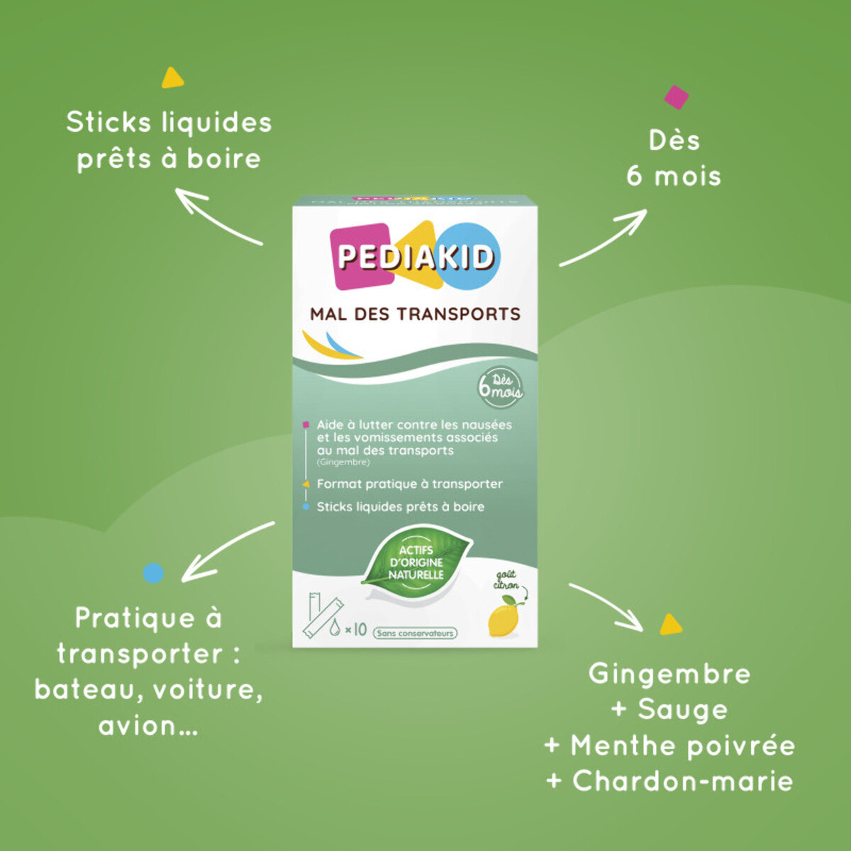 PEDIAKID - Mal des Transports - Complément alimentaire aux extraits de plantes & fibres - Aide à lutter contre les nausées et vomissements - Format sticks prêts à boire - Lot de 3