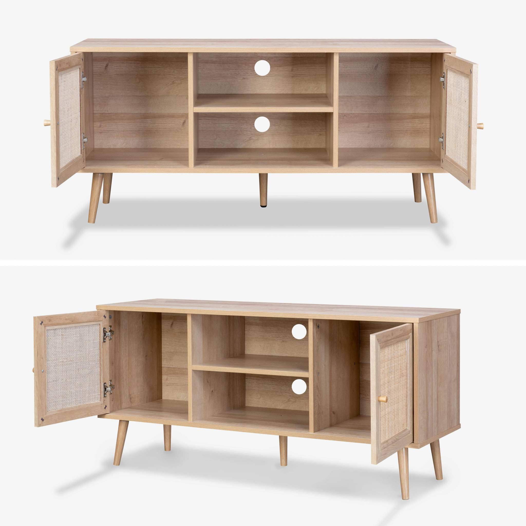 Meuble TV scandinave cannage 2 portes 120cm BOHÈME