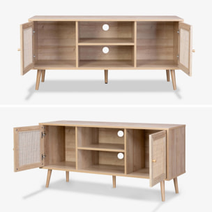 Meuble TV scandinave cannage 2 portes 120cm BOHÈME