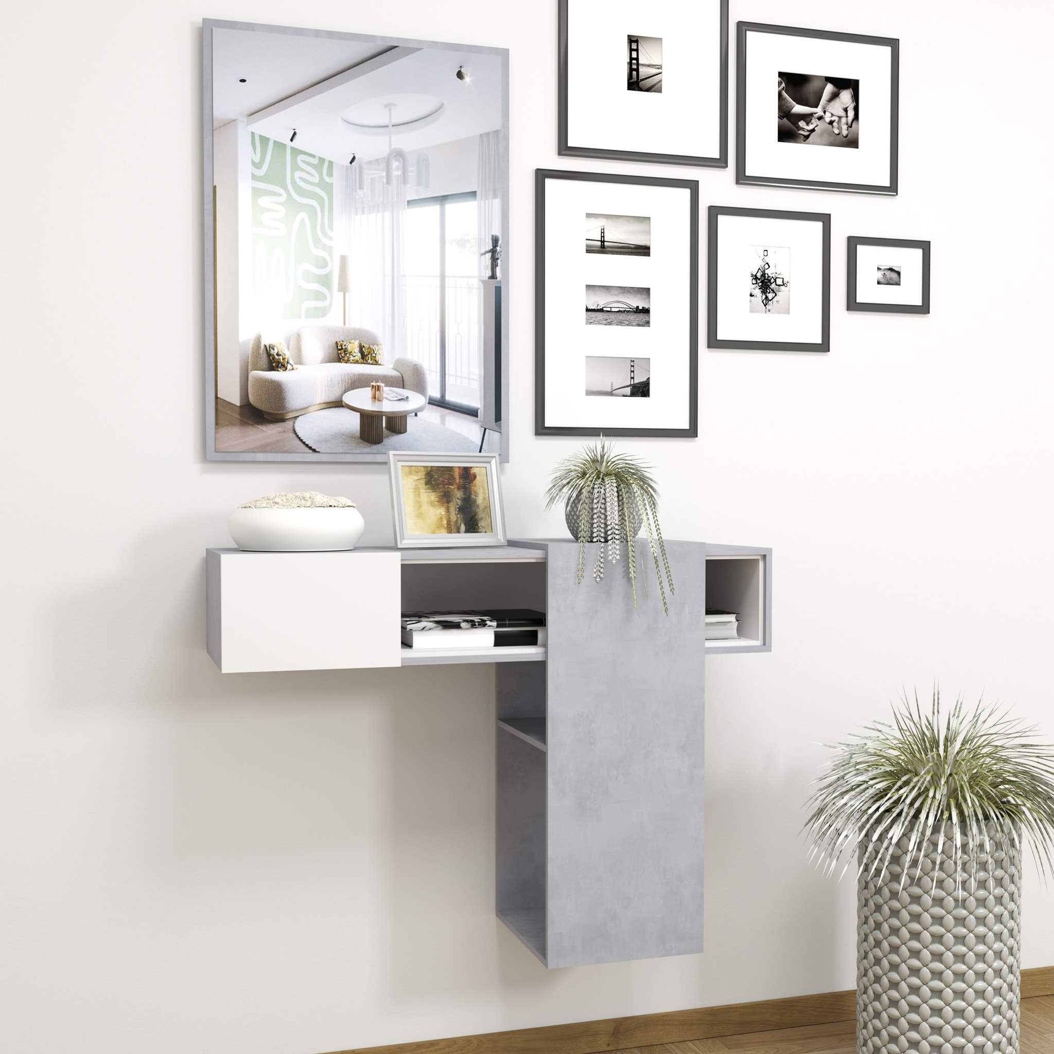 Mobile Danzica Mobiletto da Ingresso Mensola Sospesa con Specchio E Ripiani Scorrevole Arredo Arredamento Sala 100 x 31.5 x 75 cm Bianco e Cemento