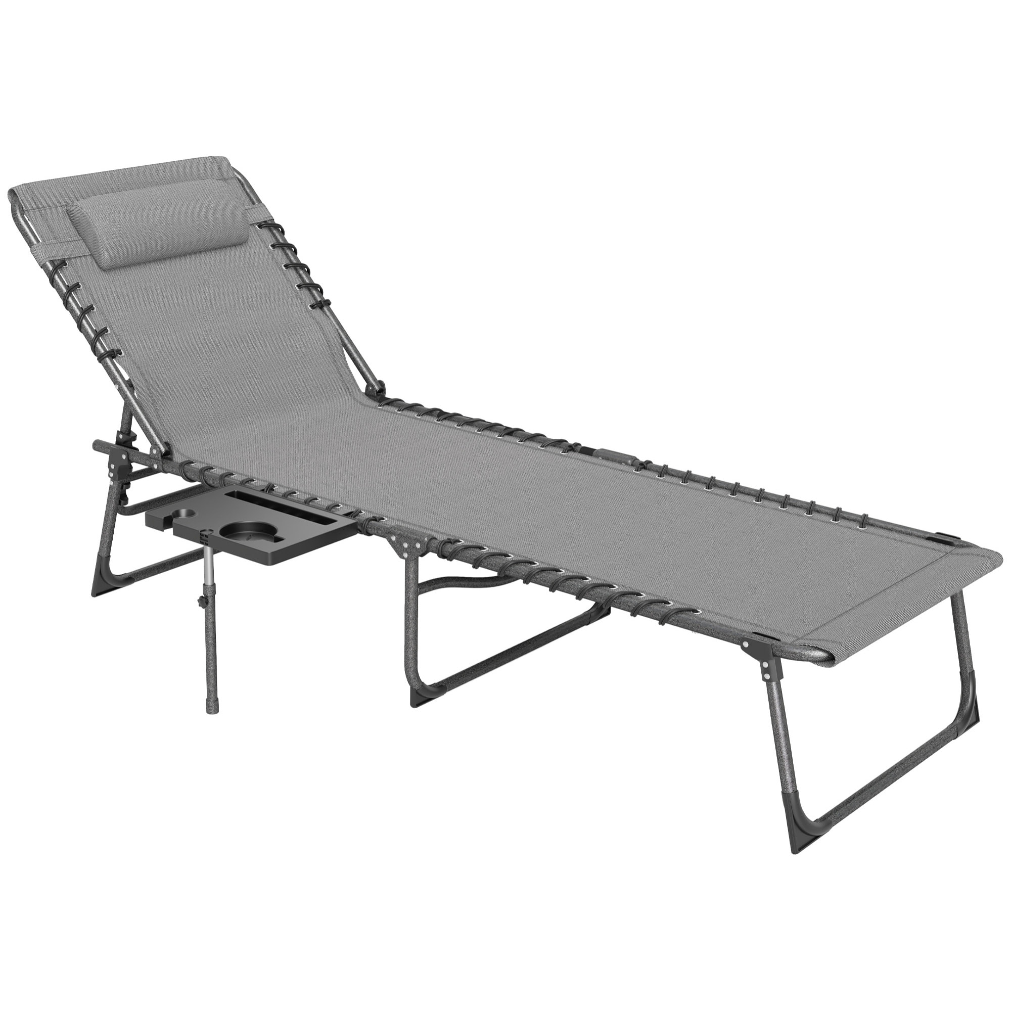 Tumbona Plegable Tumbona Jardín Exterior con Respaldo Ajustable Reposacabezas Bolsillo Lateral Bandeja y Estructura de Acero Carga 120 kg para Terraza Piscina Playa 190x60x31 cm Gris