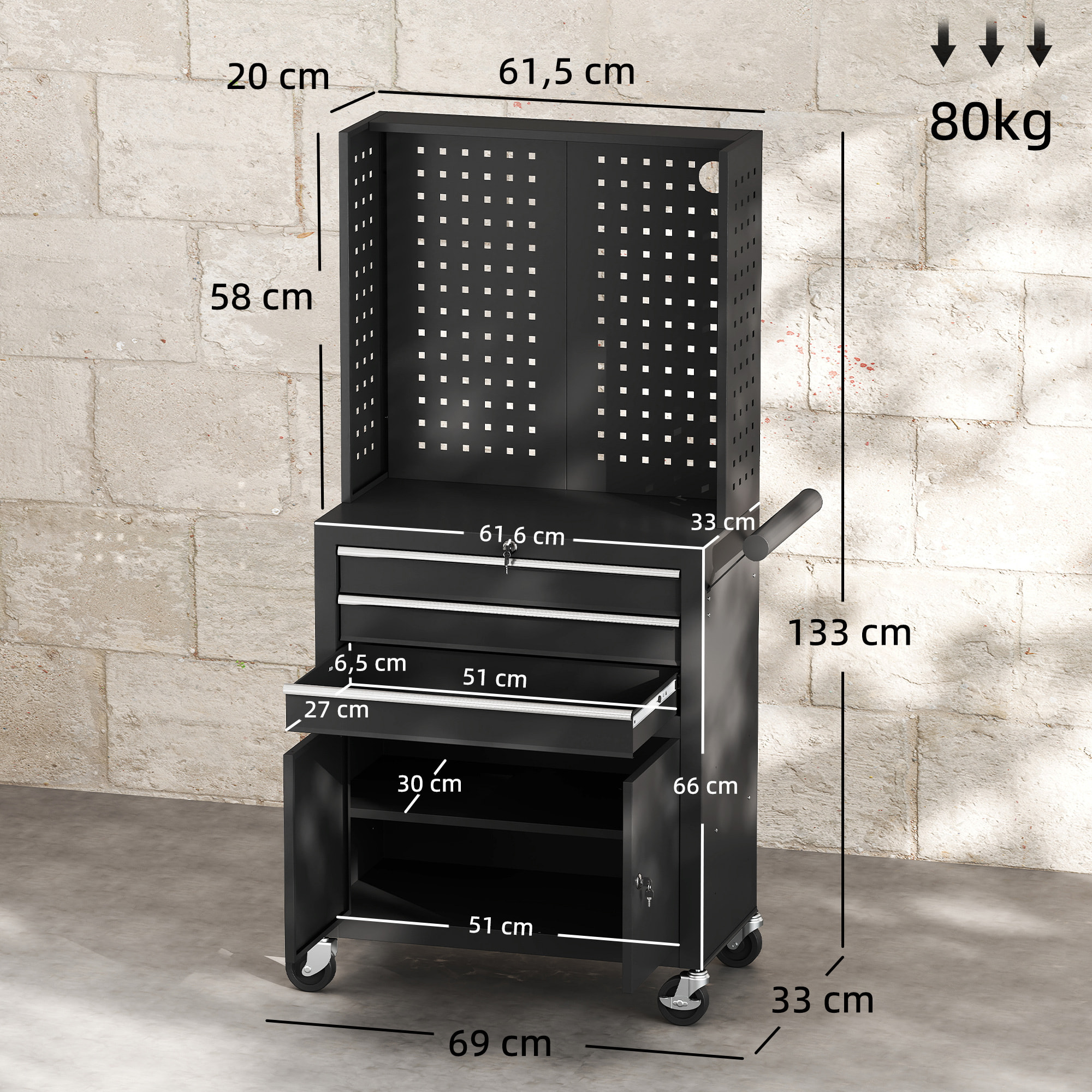 Carro de Herramientas con 3 Cajones y Tabla de Pegboard, Carro de Taller, Cerradura por Llave, Estante Ajustable, 2 Ruedas con Freno de Bloqueo, Negro
