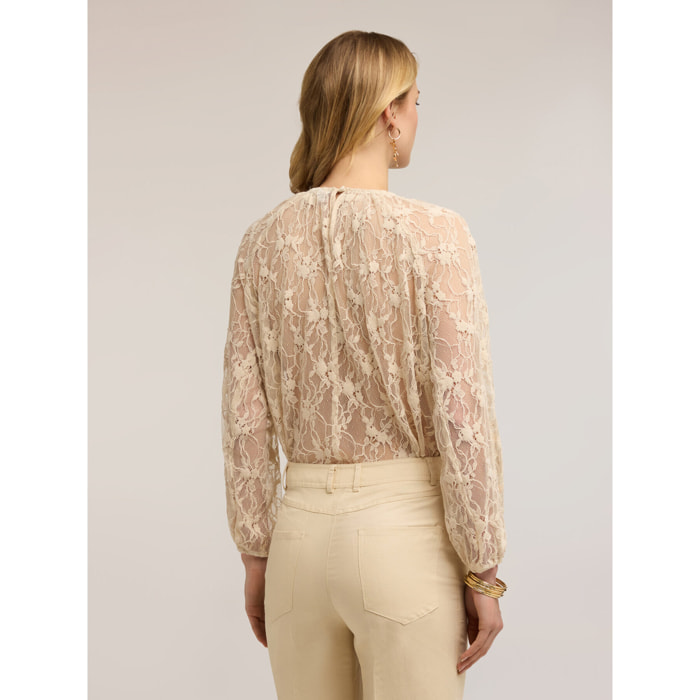 Motivi - Blusa in pizzo con maniche lunghe - Beige