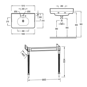 Console Cléo 1889 avec plan vasque 3 trous + miroir + colonne gauche + siphon chromé