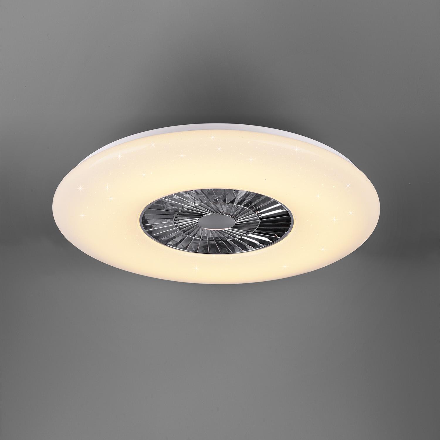 Visby - Ventilatore e plafoniera LED Ø75 cm con diffusore satinato, telecomando, dimmer, timer, luce notturna ed effetto stelle